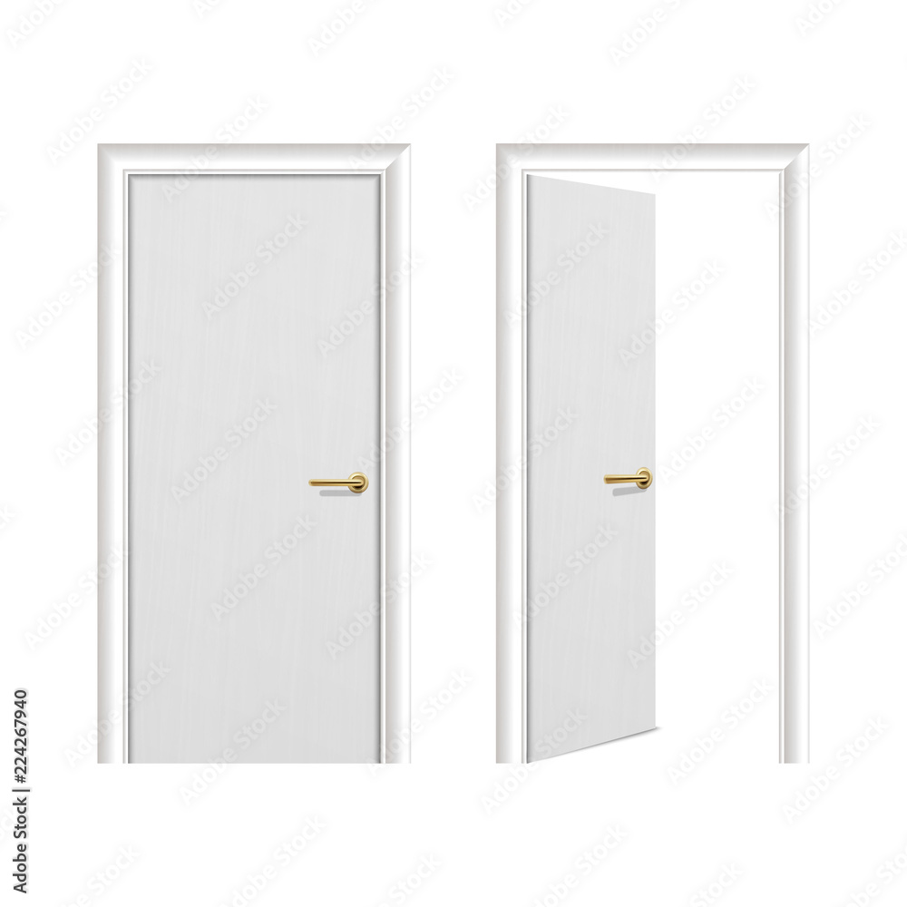 Vector realistic different opened and closed white wooden door icon set closeup isolated on white background. Elements of architecture. Design template for graphics, Front view Vector realistic different opened and closed white wooden door icon set closeup isolated on white background. Elements of architecture. Design template for graphics, Front view