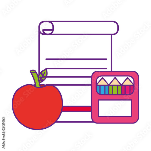 box of pencils colors with paper and apple fruit
