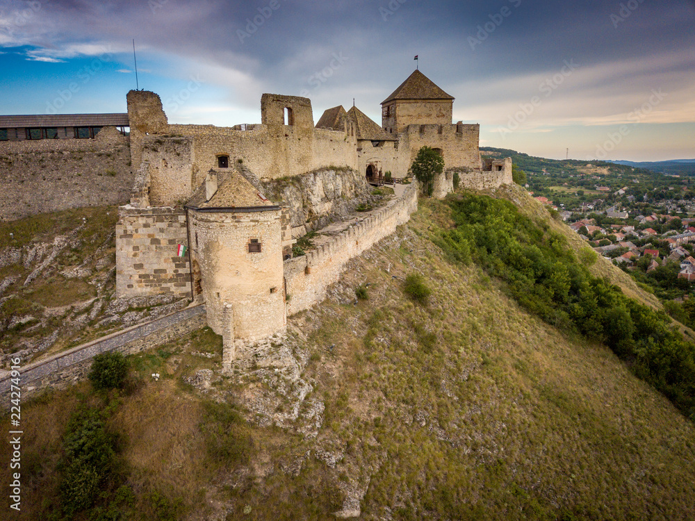 Aerial panoramic view of medieval ruined Sumeg castle near lake Balaton Hungary