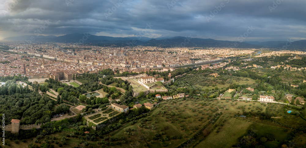 Florence Firenze aerial panorama landscape of the Renaissance city center with the Belvedere fort