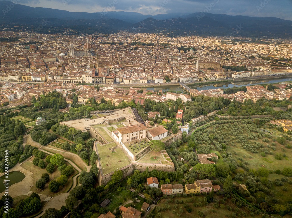 Aerial view of Florence Firenze with the Arno river, Belvedere fort, cathedral