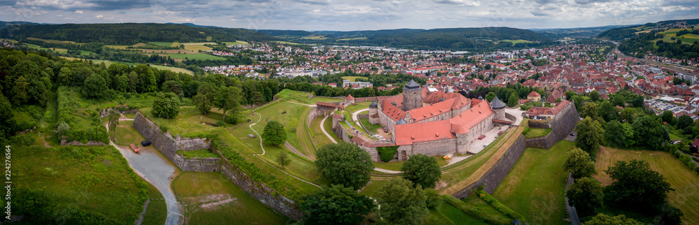 Aerial panorama of famous German castle and town Kronach in Bavaria Germany
