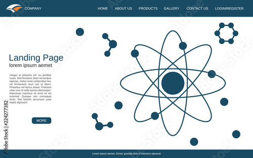 Website landing page vector design template. White background with atom thin line illustration