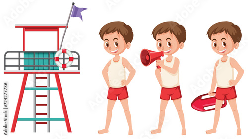 Lifeguard chair and lifeguard on white background