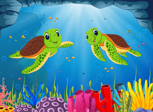 the ocean view with the two green turtle swimming
