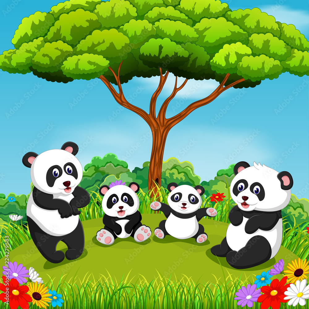 Fototapeta premium the beautiful view with some panda playing together under the tree