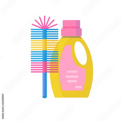 toilet brush and cleaning products in plastic bottle. Stock flat vector illustration.