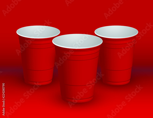Red cups, it's party time on red background 3d illustration