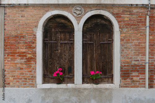 Architectural background of two old arch windows with flowerpots