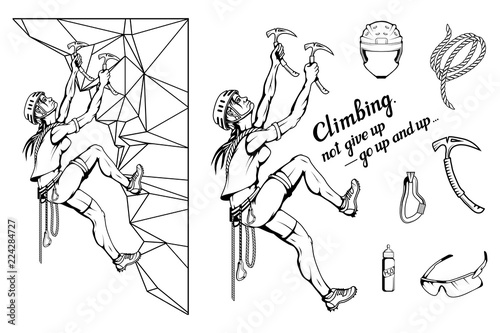 alpinist slogan with girl, woman mountaineer, alpine climbing, alpinism, mountaineering, alpinist girl character, climb concept, hand drawn lettering, mountaineering logo, vector graphics to design photo