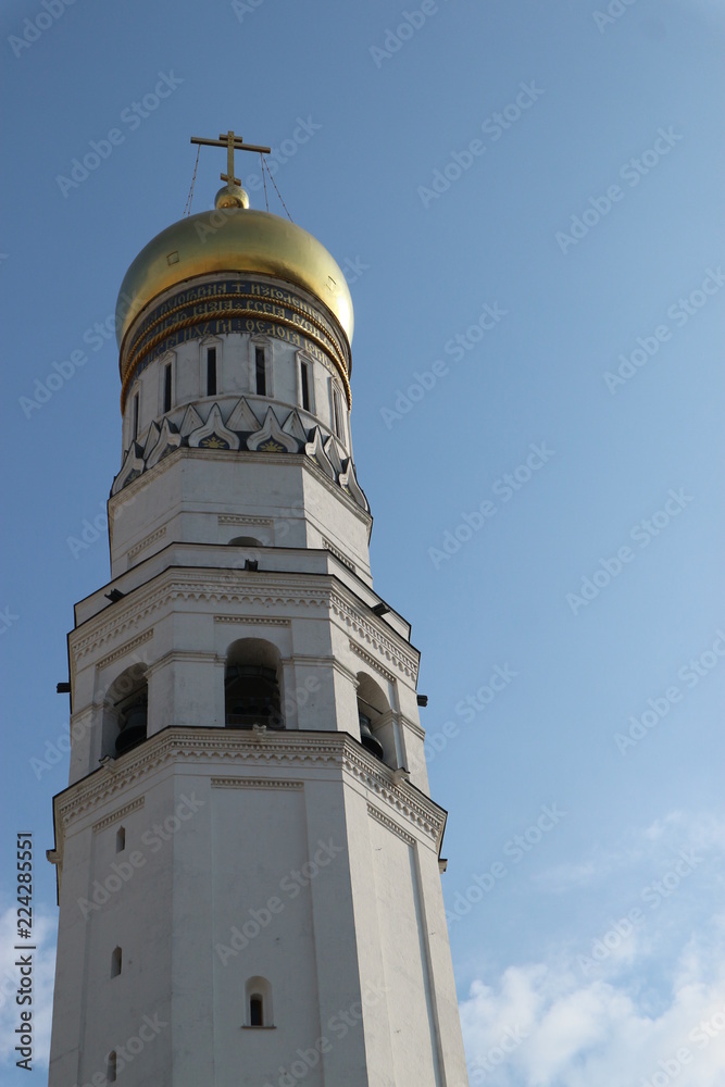 Closeup view to the head of Ivan the Great belltower and cathedral, Kremlin, Moscow, Russia