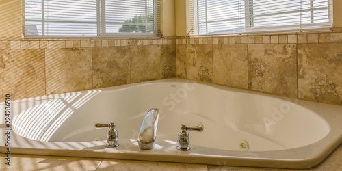 Heart shaped bathtub with jets inside a bathroom