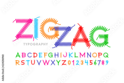 Zigzag font stitched with thread, embroidery font alphabet letters and numbers