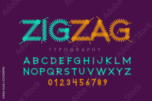 Zigzag font stitched with thread, embroidery font alphabet letters and numbers photo