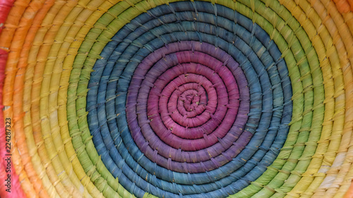 Colorful Madagascar raffia woven basket closeup