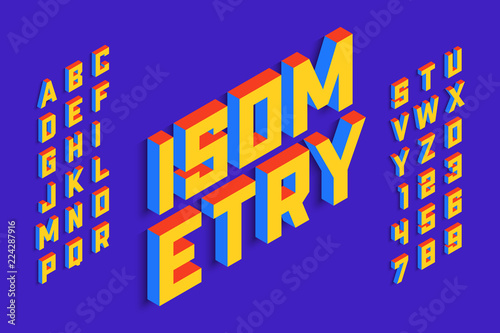 Isometric 3d font design, three-dimensional alphabet letters and numbers