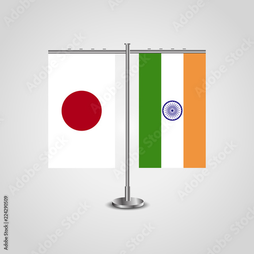 Table stand with flags of Japan and India.Two flag. Flag pole. Symbolizing the cooperation between the two countries. Table flags