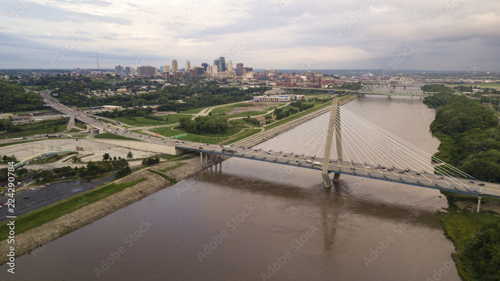 Over the Missouri River Bridge Architecture Rush Hour Traffic Kansas City MO Over the Missouri River Bridge Architecture Rush Hour Traffic Kansas City MO
