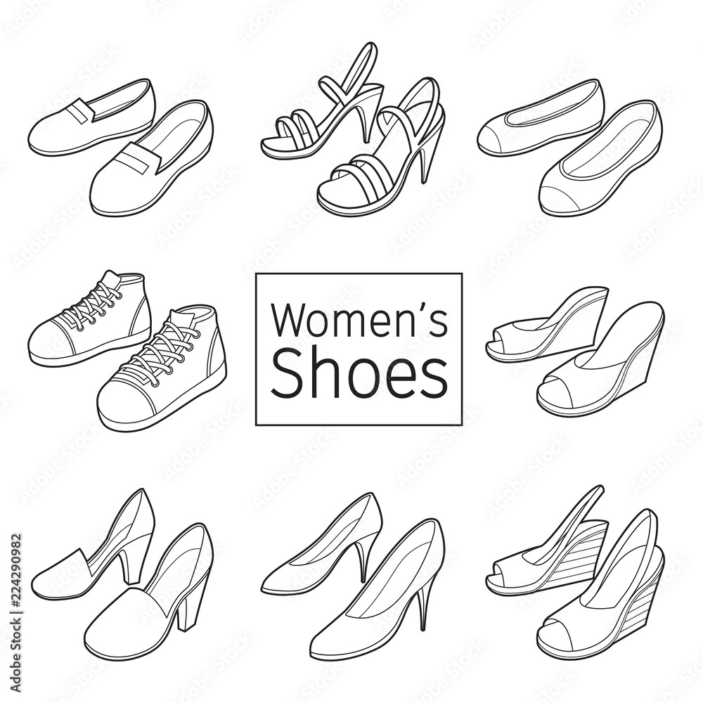 Collection Of Different Women's Shoes Pair, Outline, Footwear, Fashion,  Objects Stock Vector | Adobe Stock