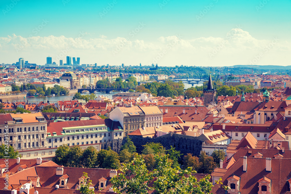 Panoramic view of Prague on a sunny day in summer, Czech Republic, Europe