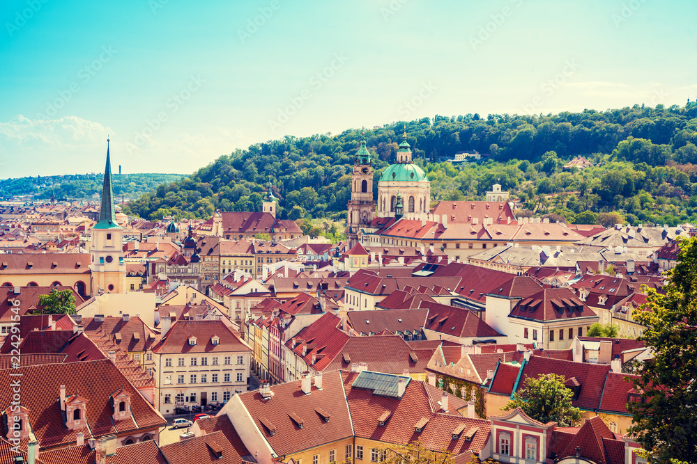 Panoramic view of Prague on a sunny day in summer, Czech Republic, Europe