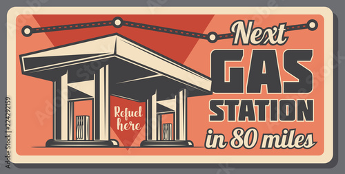 Gas station with fuel road direction sign board