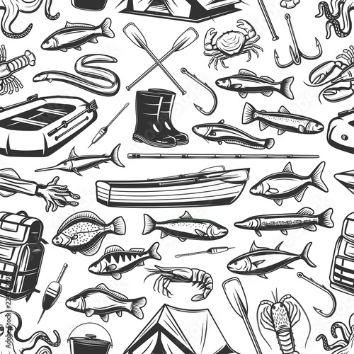 Fishing gear and seafood pattern