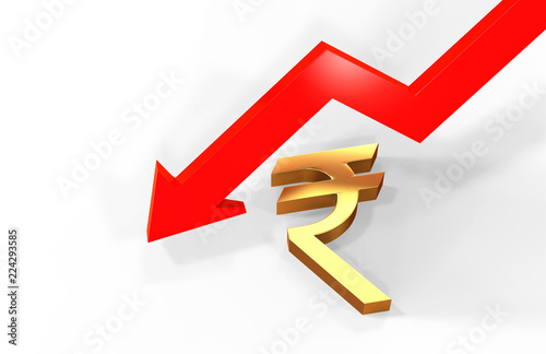 Decrease in rupee value concept, golden rupee sign with a declining arrow, 3d illustration