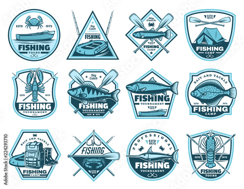 Fishing camp, tournament vector icons