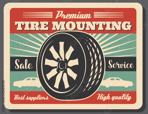 Tire mounting service, car and wheel icons