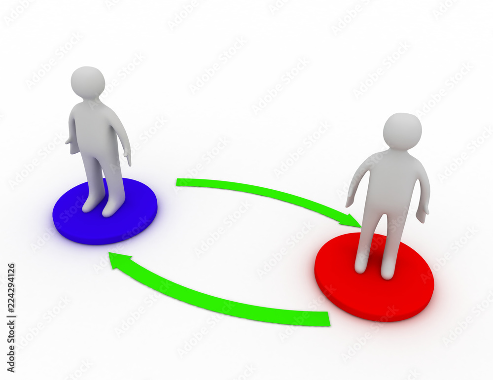 Two 3d people standing on different bases are connected with arrows Two 3d people standing on different bases are connected with arrows