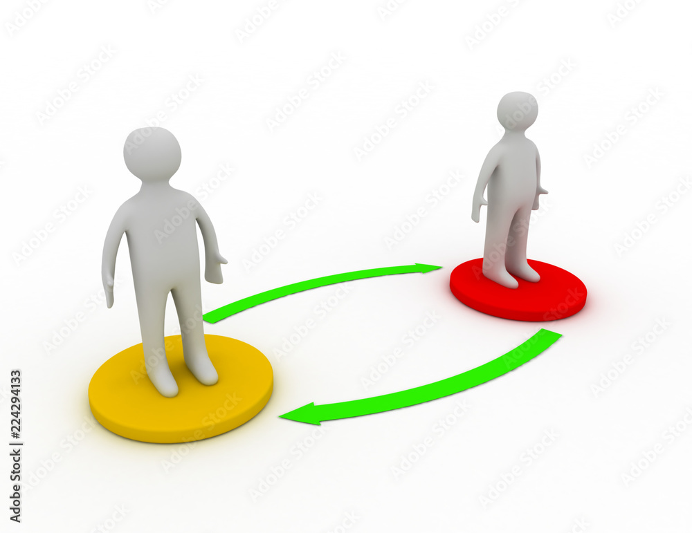 Two 3d people standing on different bases are connected with arrows Two 3d people standing on different bases are connected with arrows