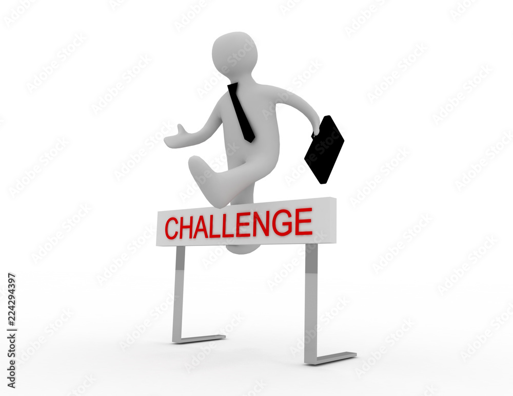 3d people - man, person jumping over a hurdle obstacle entitled challenge. 3d people - man, person jumping over a hurdle obstacle entitled challenge.