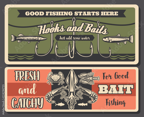 Fishery retro, fishing tools and seafood