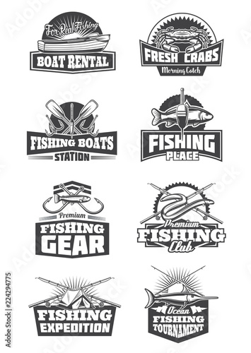 Fishing tournament and fishery gear icons