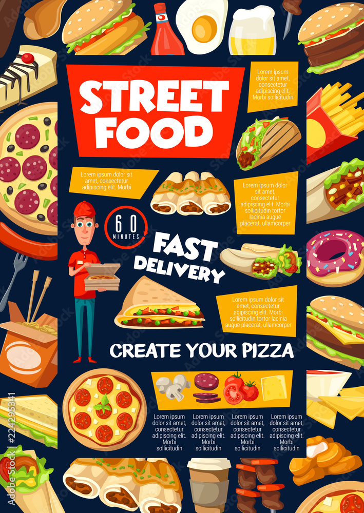 Street and fast food snacks menu, delivery service