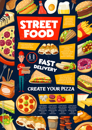 Street and fast food snacks menu, delivery service