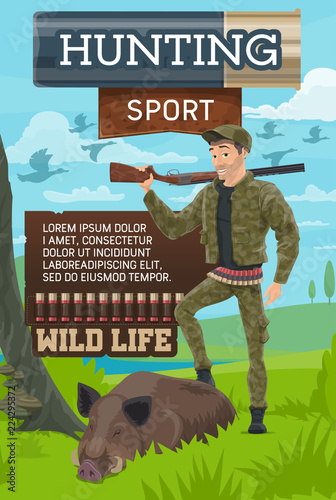 Hunter put leg on boar, hunting club poster