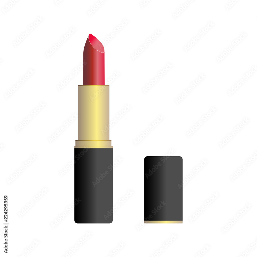 Fototapeta premium Vector illustration of isolated red lipstick in gold and black tube