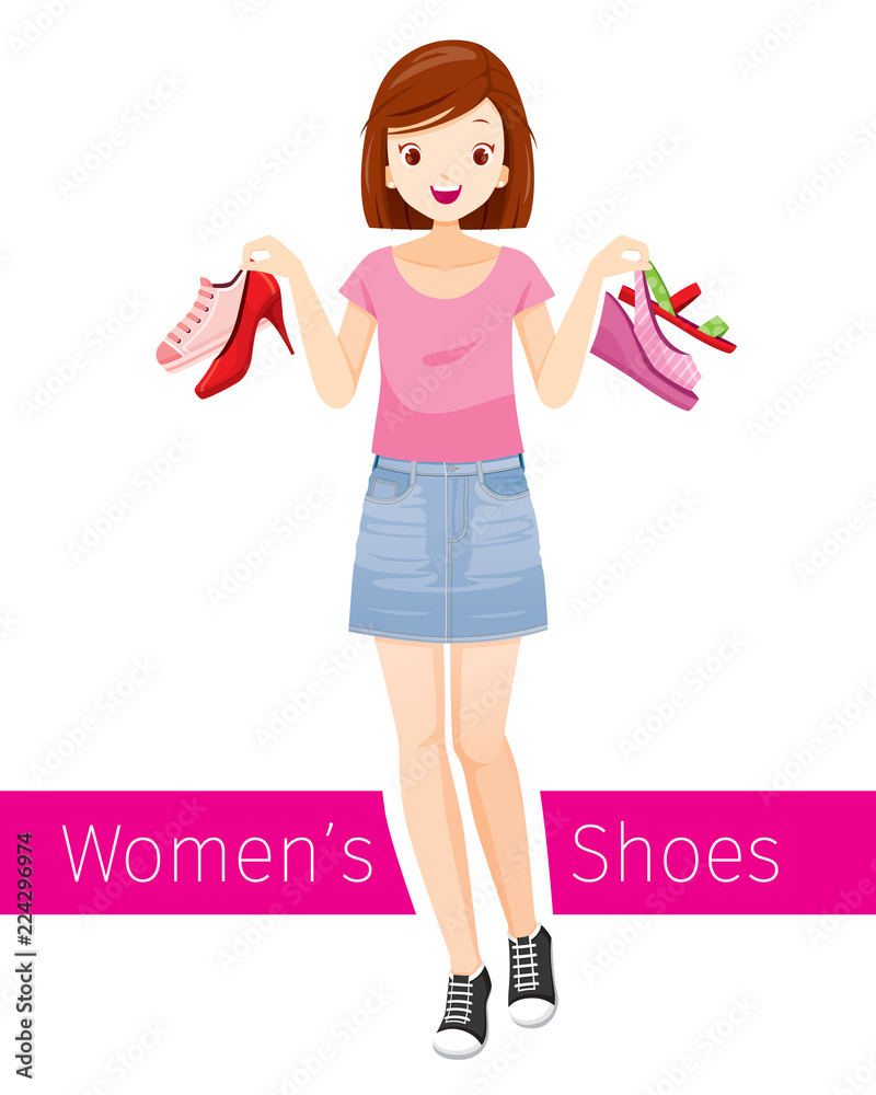 Woman Holding Shoes. She Wearing Short Jean Skirt And Sneaker, Footwear, Fashion, Objects Woman Holding Shoes. She Wearing Short Jean Skirt And Sneaker, Footwear, Fashion, Objects