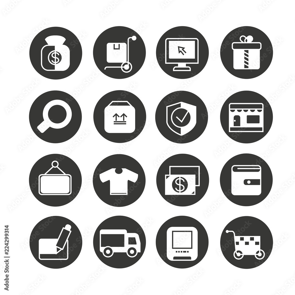 e commerce and shopping icon set in circle button e commerce and shopping icon set in circle button