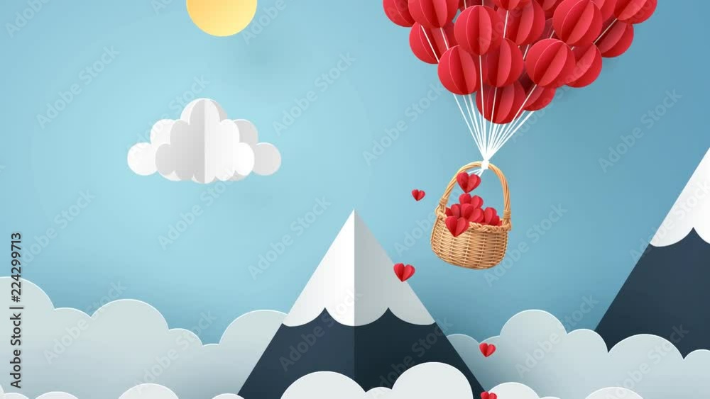 Animation and footage, Paper art of heart balloon flying and scattering little heart in the sky, origami and valentine's day concept.