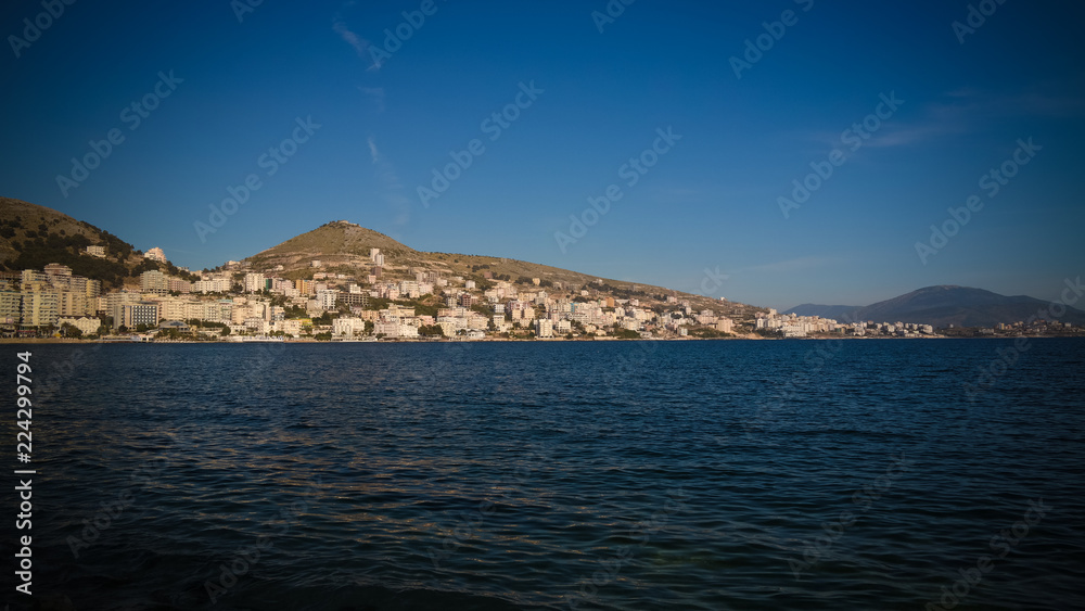 Panoramic view to Saranda city,Lekuresi Castle and bay of Ionian sea, Albania