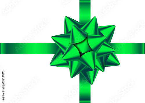 Green satin gift ribbon and bow isolated on white background.