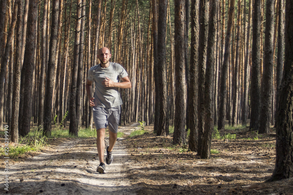 Man has morning workout in a pine forest. Concept of matins jogg