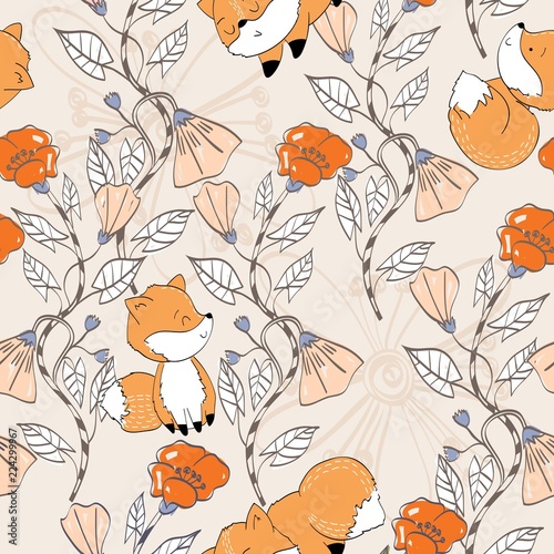Vector hand drawn seamless pattern. Cute cartoon foxes.