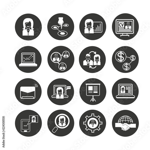 organization and business management icon set in circle button