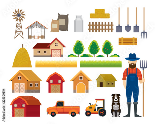 Farm Objects, Farmer with Dog Flat Set