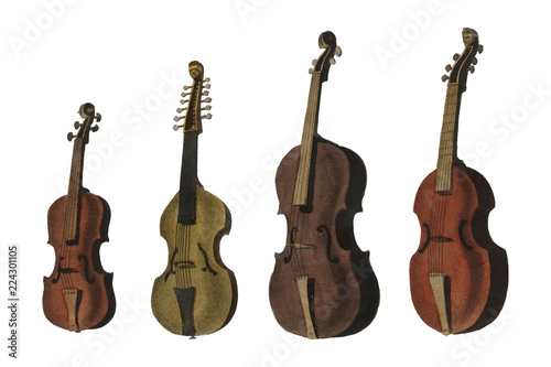A collection of antique violin, viola, cello and more from Encyclopedia Londinensis; or Universal Dictionary of Arts, Sciences and Literature (1810). Digitally enhanced by rawpixel.