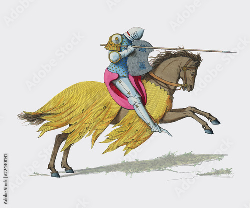 Chevalier Francais, XIVe Siecle, by Paul Mercuri (1860), a knight on horse back with full armor ready to joust. Digitally enhanced by rawpixel.